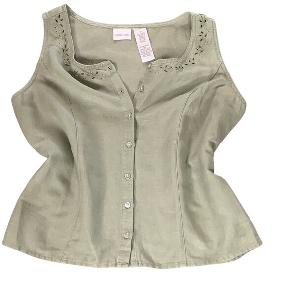 Linen Blend Sleeveless Button Up Top Eyelet Cutouts Neck S by Cherokee #1P - Picture 1 of 8